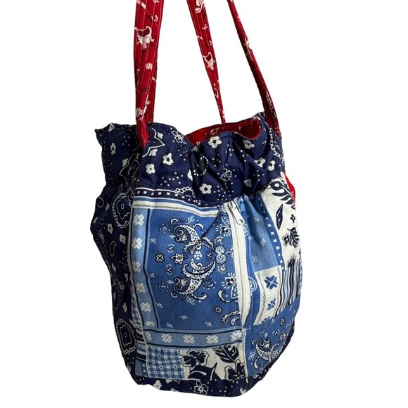 Handmade Reversible Patchwork Cotton Tote Bucket Bag Bandana Western Music Theme - Picture 6 of 10